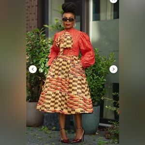 Heritage Clothings Handmade Dress 60’s Inspired Red Gold Bow  Puff Sleeve Size S